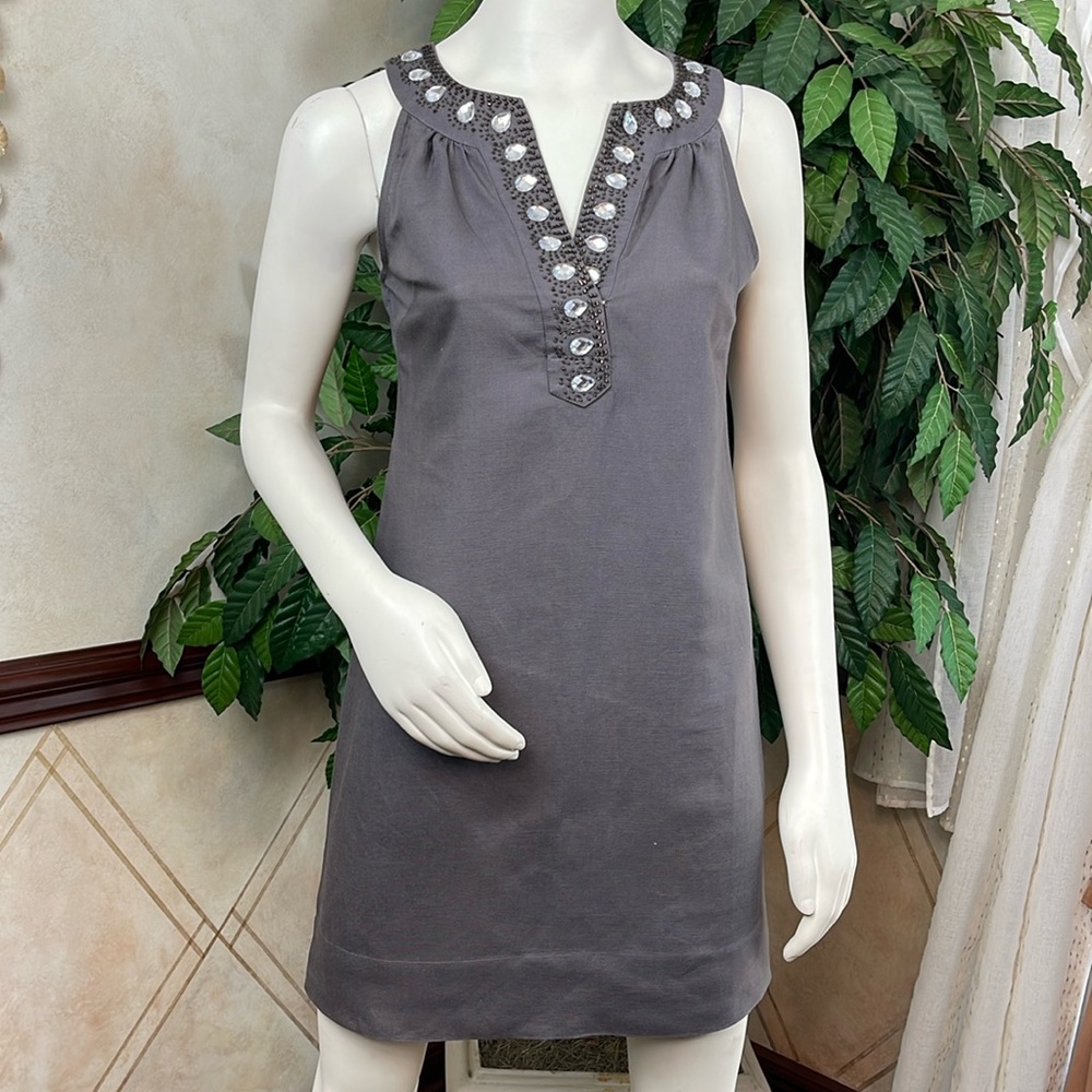 NY&CO STONE EMBELLISHED LINEN DRESS